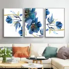 Mavi Çiçekler Desenli Metal Çerçeveli Tablo Seti Gümüş