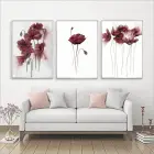 Bordo Çiçekler Desenli Metal Çerçeveli Tablo Seti Gümüş