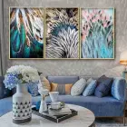 Rengarenk Tüyler Desenli Metal Çerçeveli Tablo Seti Altın