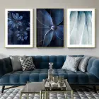 Lacivert Çiçek Desenli Metal Çerçeveli Tablo Seti Altın