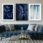 Lacivert Çiçek Desenli Metal Çerçeveli Tablo Seti Gümüş