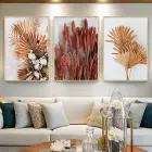 Turuncu Çiçekler Desenli Metal Çerçeveli Tablo Seti Altın