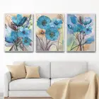 Mavi Çiçekler Desenli Metal Çerçeveli Tablo Seti Beyaz