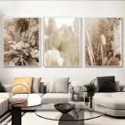 Kahrengi Desenli Çiçek Detaylı Metal Çerçeveli Tablo Seti Beyaz