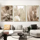 Kahrengi Desenli Çiçek Detaylı Metal Çerçeveli Tablo Seti Altın