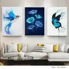 Lacivert Kuşlar Tasarım Metal Çerçeveli Tablo Seti Beyaz