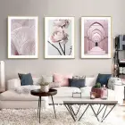 Pembe Çiçekler Beyaz Kenarlı Metal Çerçeveli Tablo Seti Altın