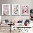 Pembe Çiçekler Beyaz Kenarlı Metal Çerçeveli Tablo Seti Gümüş