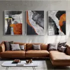 Siyah Turuncu Soyut Desenli Metal Çerçeveli Tablo Seti Gümüş