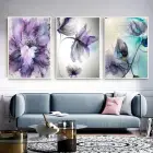 Mor Çiçek Desenli Metal Çerçeveli Tablo Seti Beyaz