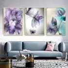 Mor Çiçek Desenli Metal Çerçeveli Tablo Seti Altın