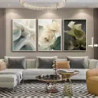 Yeşil Krem Çiçek Desenli Metal Çerçeveli Tablo Seti Beyaz