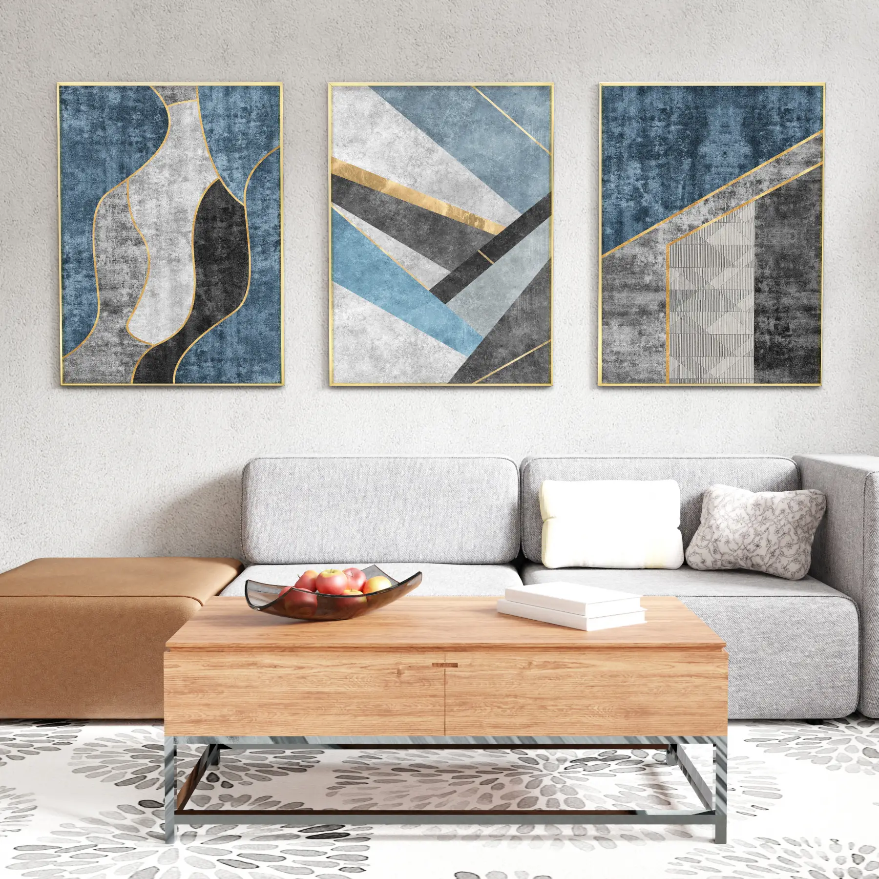Mavi Gri Geometrik Şekiller Gold Çerçeveli Camlı Tablo Seti