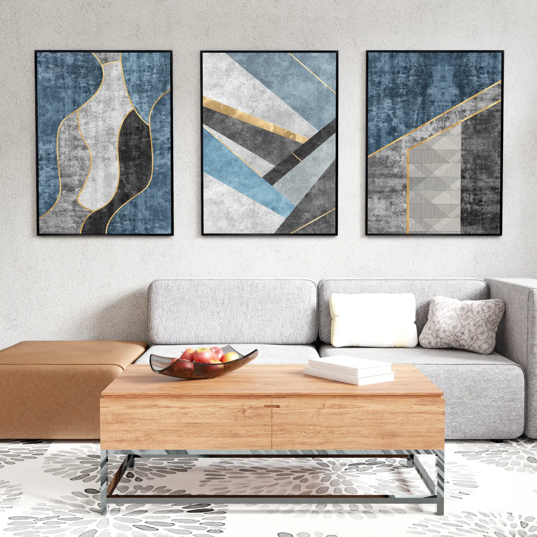 Mavi Gri Geometrik Şekiller Siyah Çerçeveli Camlı Tablo Seti