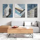Mavi Gri Geometrik Şekiller Beyaz Çerçeveli Camlı Tablo Seti