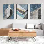 Mavi Gri Geometrik Şekiller Siyah Çerçeveli Camlı Tablo Seti