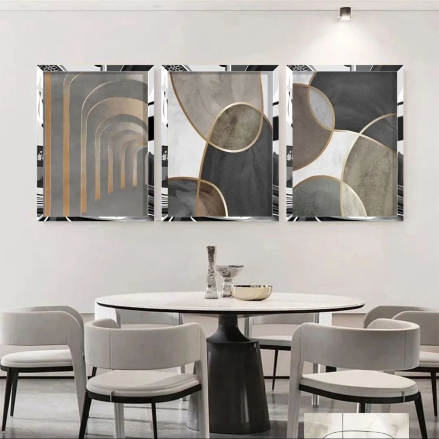 Soyut Geometrik Desenli Gold Pleksili Çerçeveli Tablo Seti /S