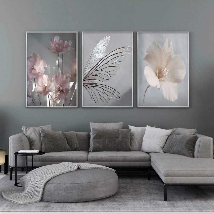 Doğanın Zarafeti: Çiçek ve Yaprak Motifleriyle Metal Çerçeveli Üçlü Tablo Seti