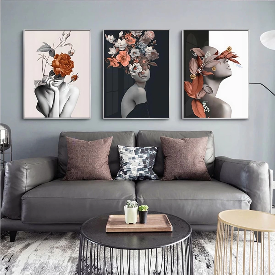 Floral Sanatın Büyüsü: Üçlü Metal Çerçeveli Tablo Takımı /S