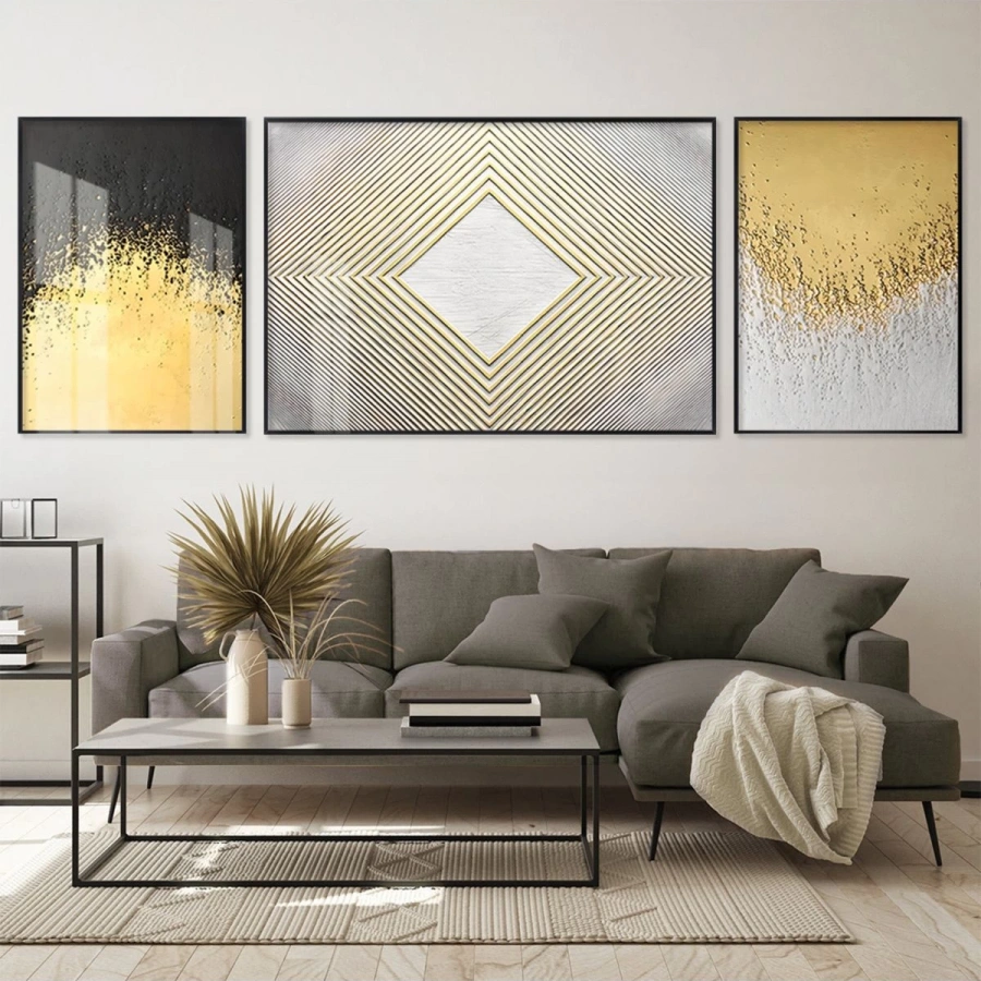 Altın Yağmur; Lüks Üçlü Metal Çerçeveli Tablo Seti
