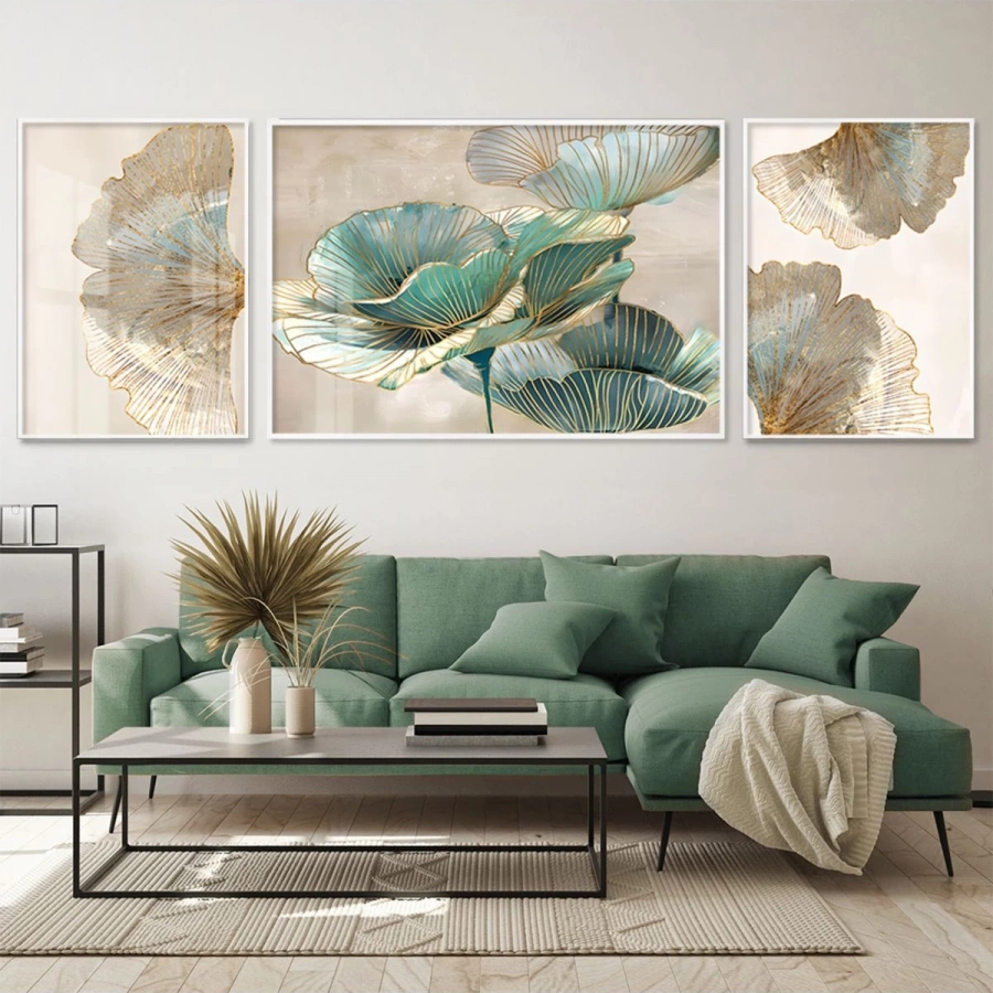 Modern Flora - Sofistike Üçlü Metal Çerçeveli Tablo Seti