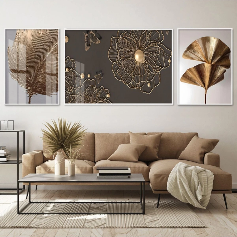 Metalik Yaprakların Dansı; Şık Metal Çerçeveli Üçlü Tablo Seti