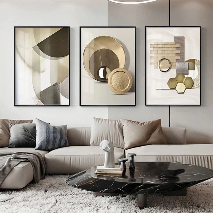 Modern Geometrik Desenli Metal Çerçeveli Üçlü Tablo Takımı /S