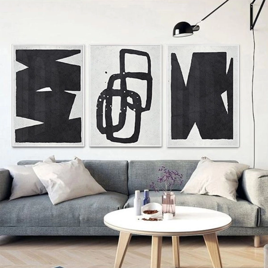 Minimalist Mükemmellik: Siyah Ve Beyaz Soyut Formlar Üçlü Metal Çerçeveli Tablo Seti /S