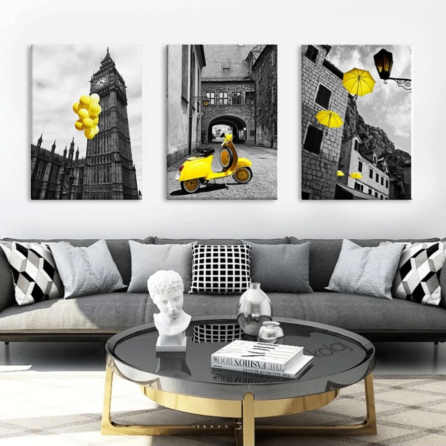 Vintage Sarı Siyah Modern Londra Şehir Manzarası Dekoratif 3lü Kanvas Tablo Seti