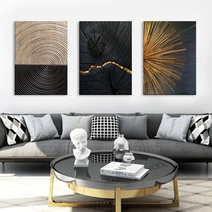 Doğanın İzleri: Altın Detaylı Soyut Kütükler Üçlü Tablo Seti