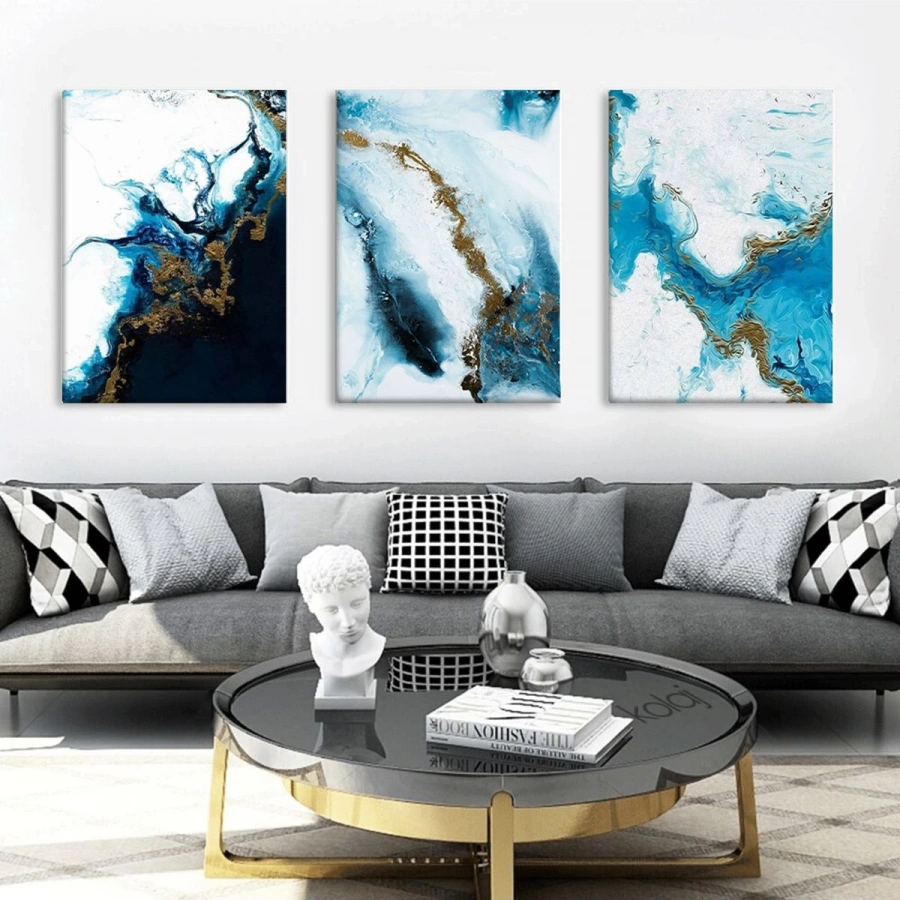 Gold ve Mavinin Buluşması Dokusal Soyut 3lü Kanvas Tablo Seti