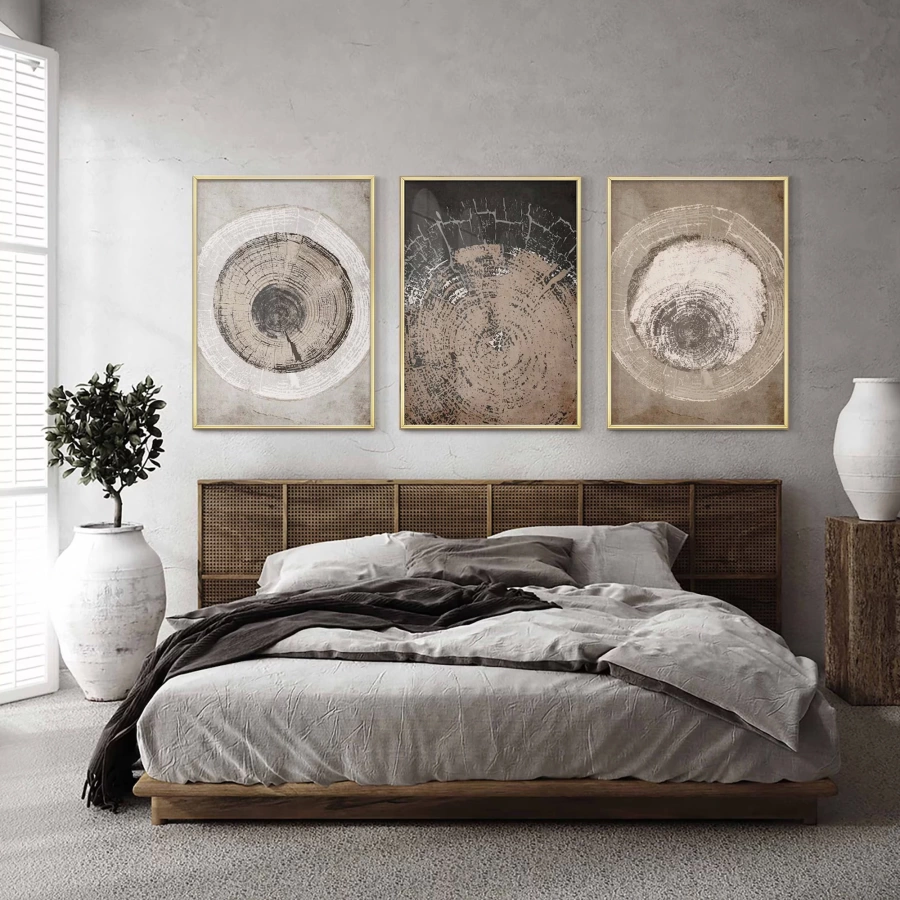 Ağaç Halkaları Desenli Ahşap Tonlarında Modern Gold Çerçeveli Cam Tablo /S