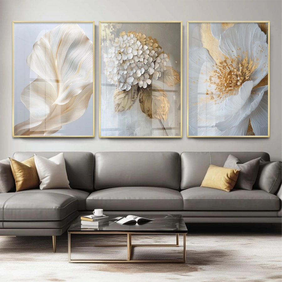 Çiçek Desenli Altın Detaylı Gold Metal Çerçeveli Cam Tablo