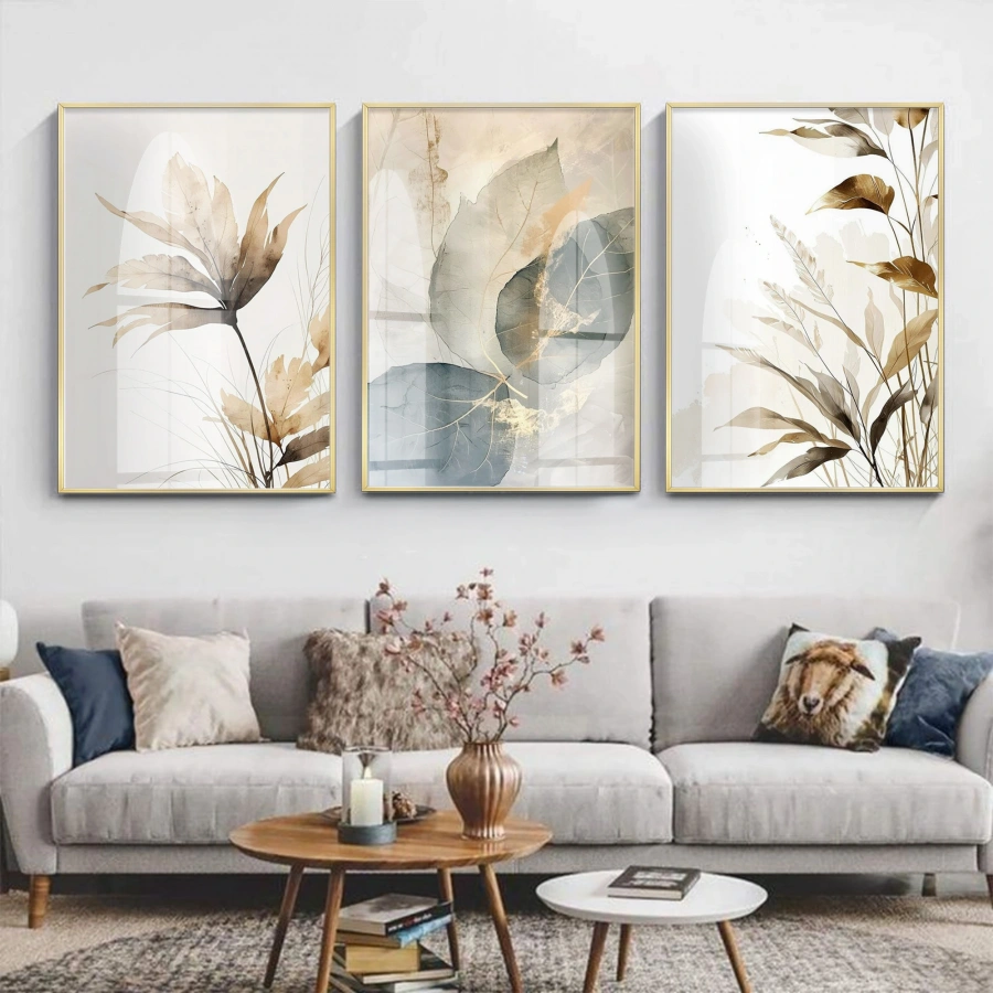 Çiçek Desenli Parıltılı Gold Metal Çerçeveli Cam Tablo