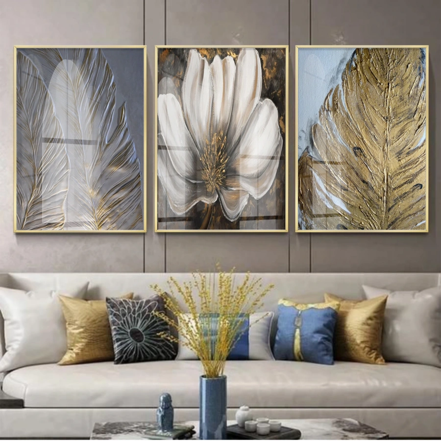 Doğal Yaprak ve Çiçek Desenli Modern Gold Metal Çerçeveli Cam Tablo