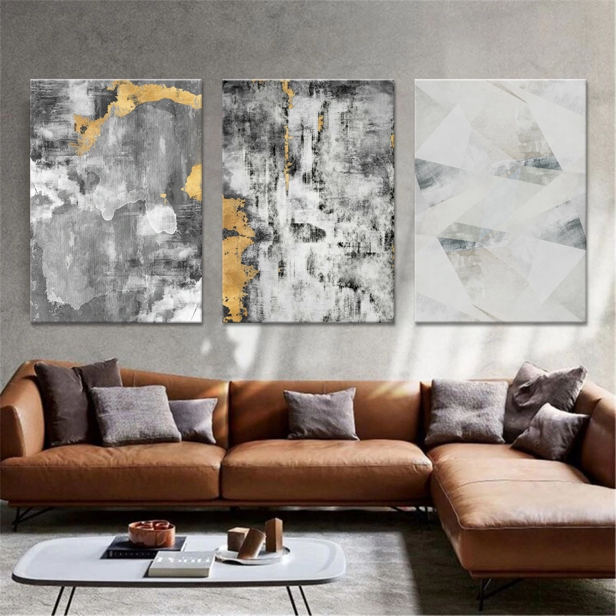 Gri ve Gold Tonlar Üçlü Kanvas Tablo Seti