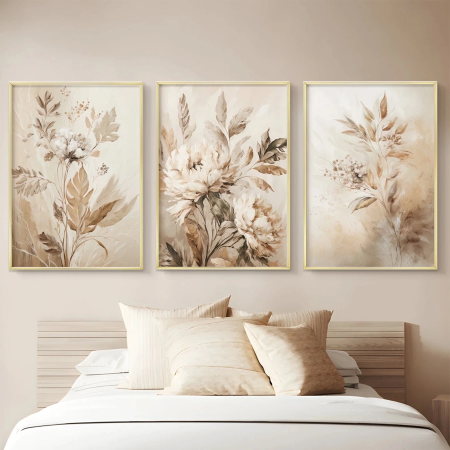 Krem Çiçek Detaylı Gold Metal Çerçeveli Cam Tablo /S