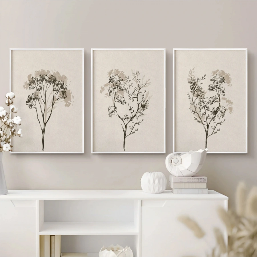 Minimalist Çiçek Eskizli Krem Tonlu Beyaz Metal Çerçeveli Cam Tablo