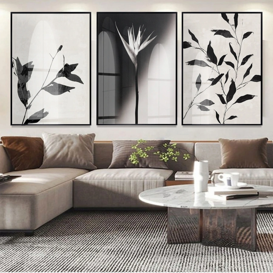 Minimalist Siyah-Beyaz Floral Siyah Metal Çerçeveli Cam Tablo