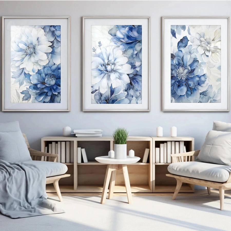 Modern ve Mavi Çiçek Desenli Sanatsal Gümüş Metal Çerçeveli Cam Tablo