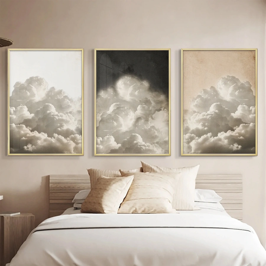 Siyah-Beyaz Bulut Desenli Gold Metal Çerçeveli Cam Tablo