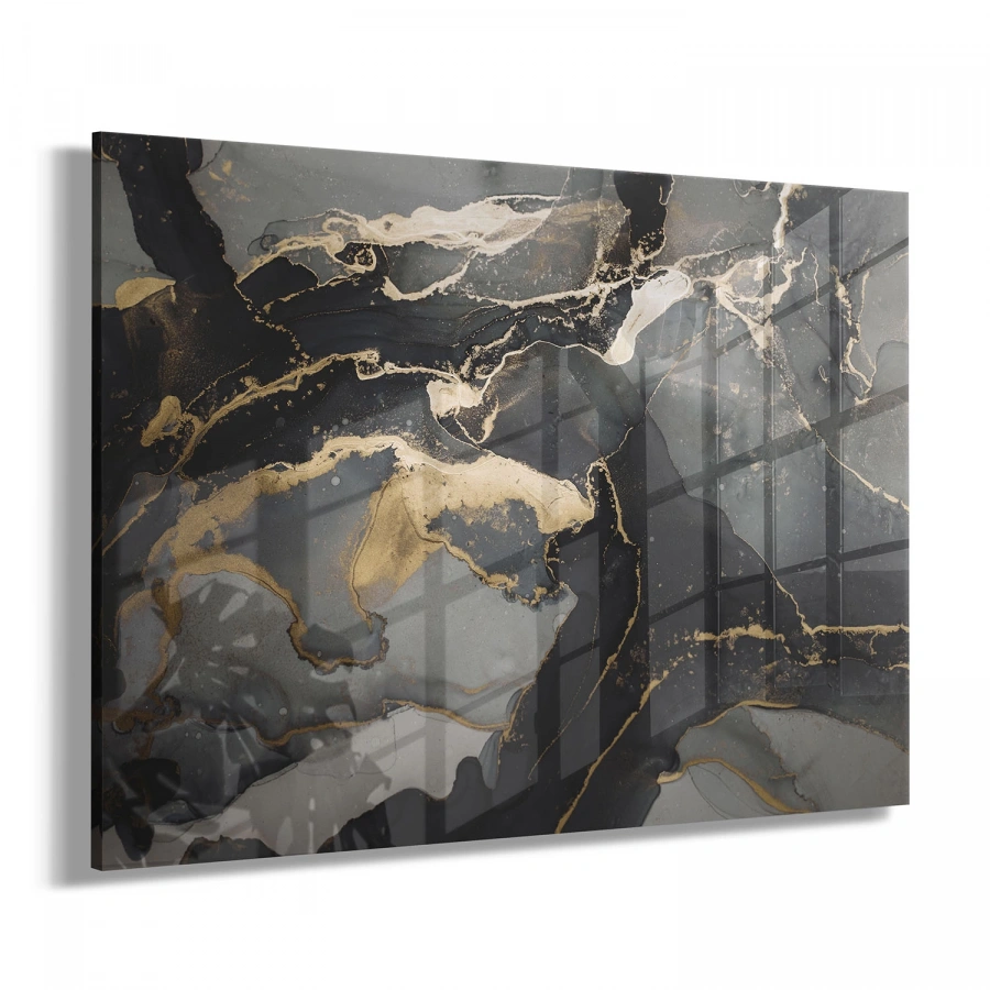 Siyah ve Gold Mermer Desenli Tekli Yatay Cam Tablo