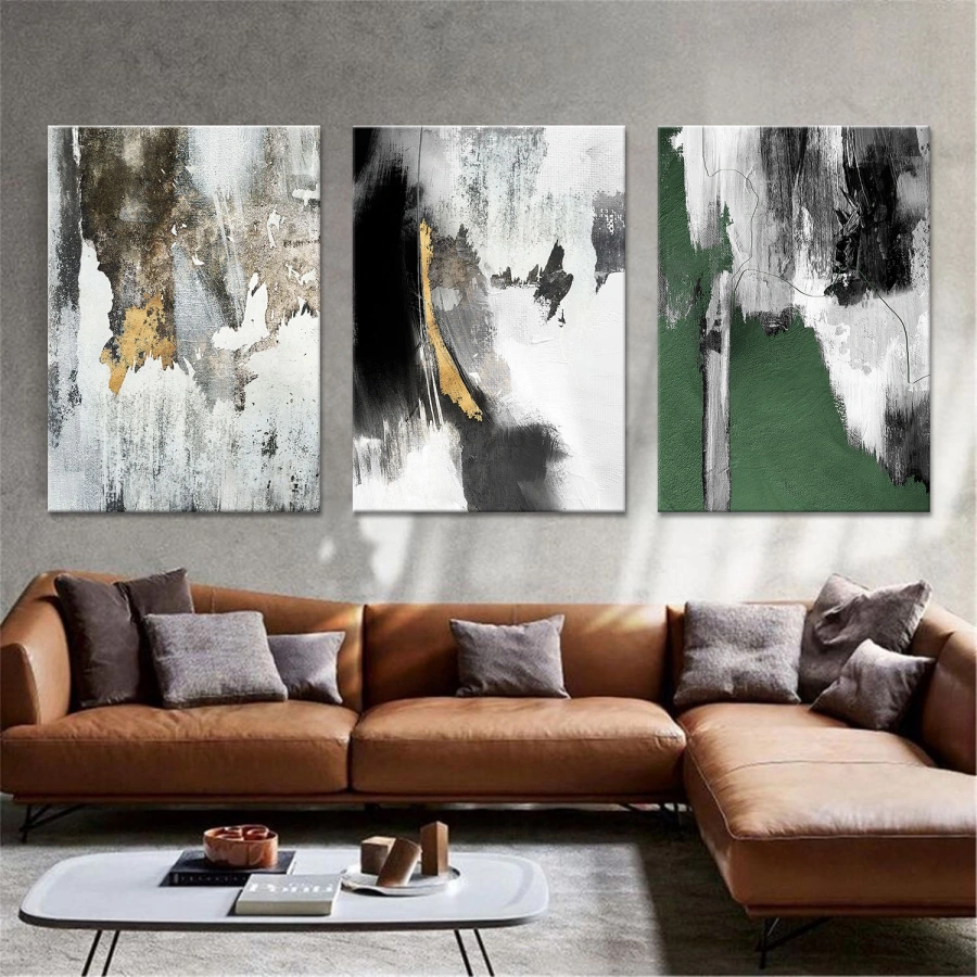 Yeşil ve Gri Tonlar Üçlü Kanvas Tablo Seti