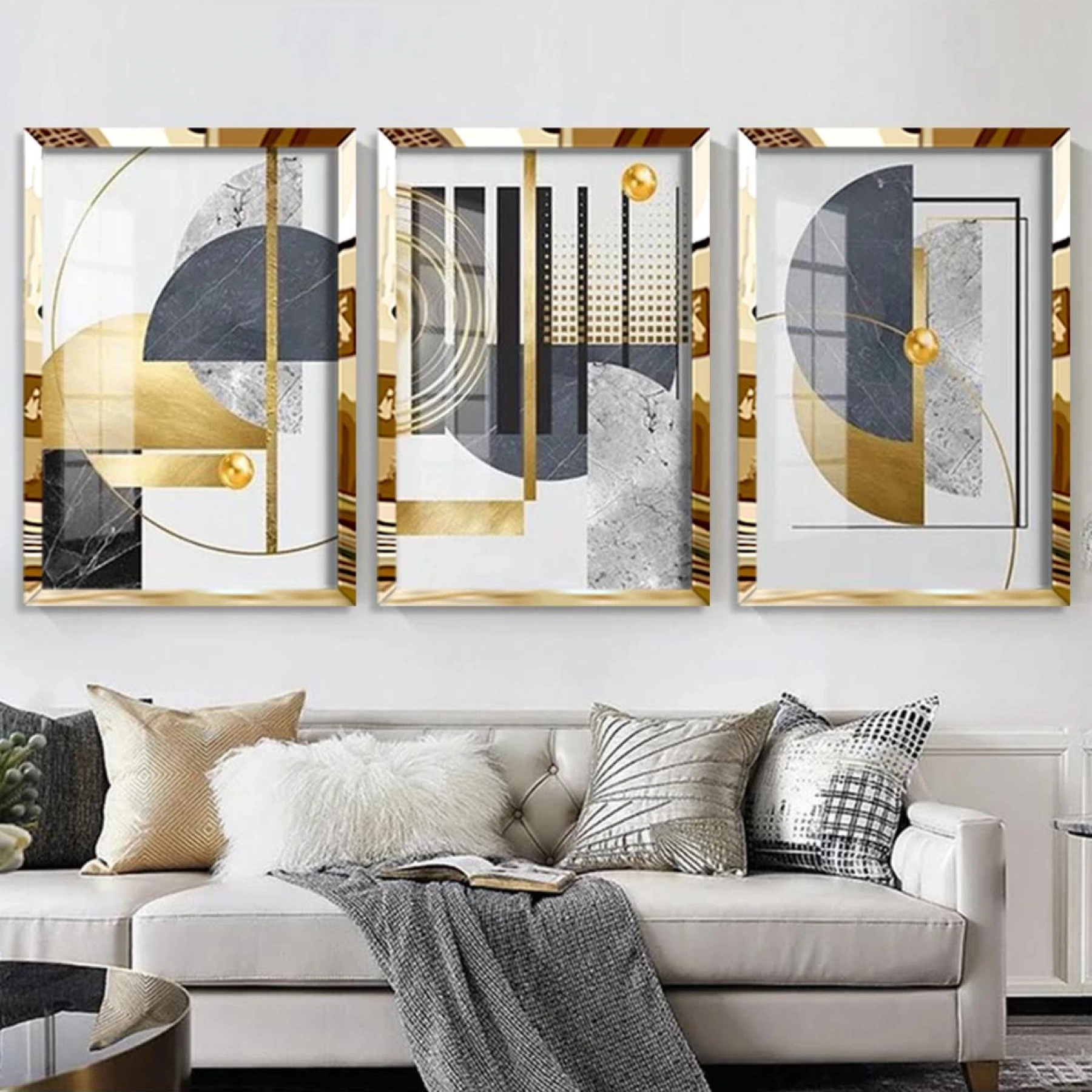 Modern Gold Pleksi Soyut Geometrik 3lü Çerçeveli Tablo Seti