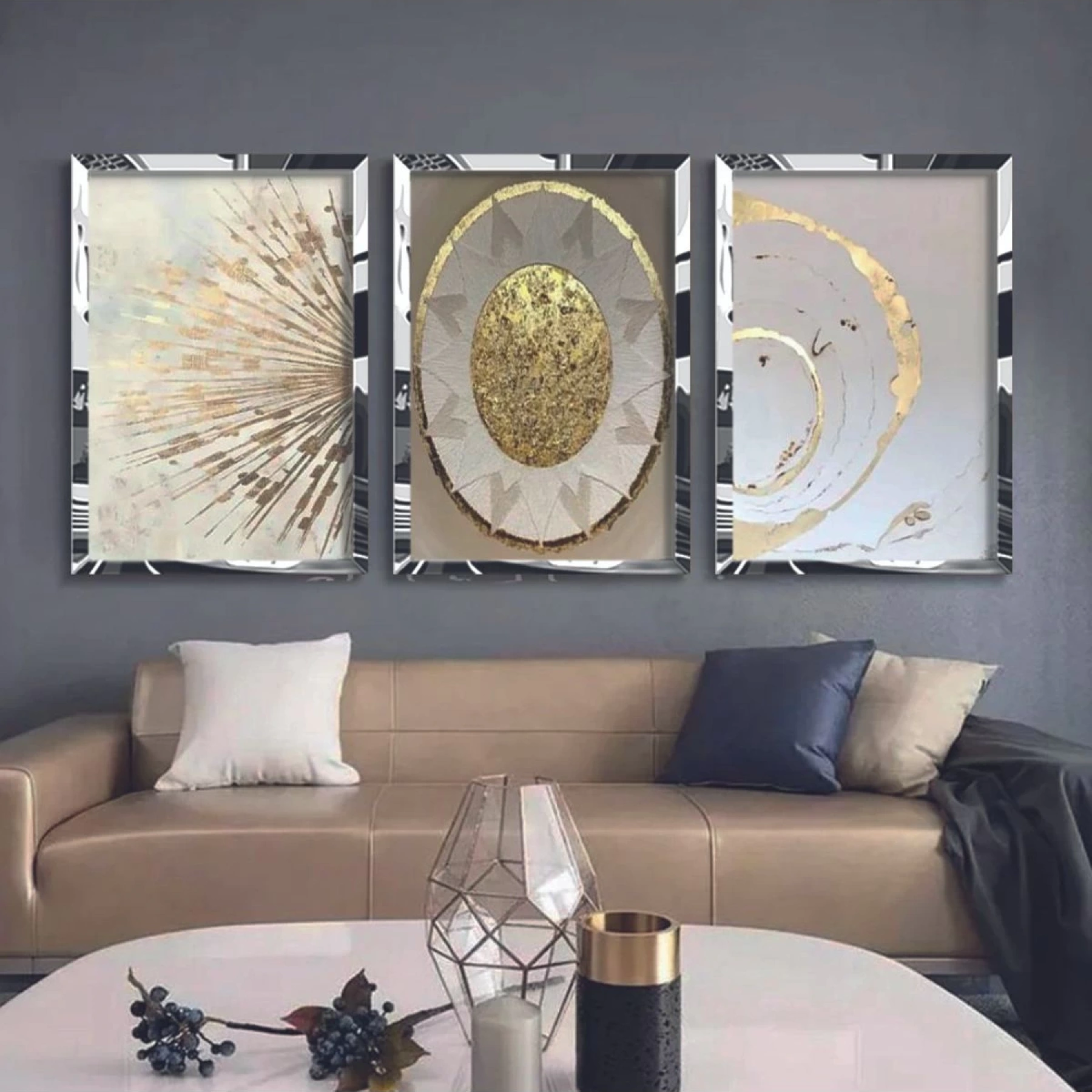 Soyut Altın Detaylar Gümüş Pleksi 3lü Çerçeveli Tablo
