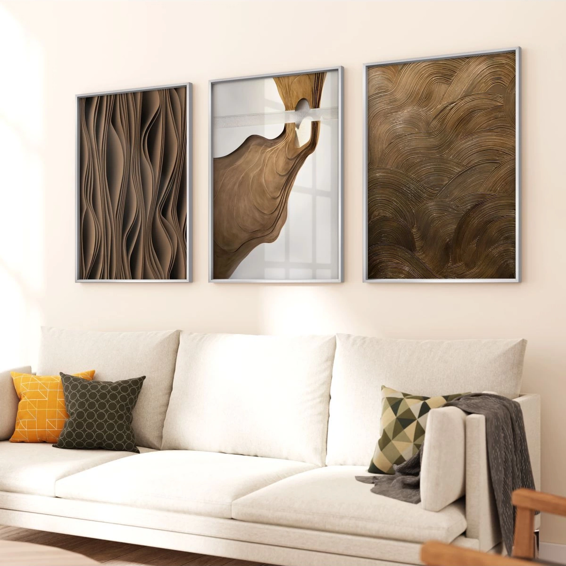 Soyut Dalgalı Çizgiler Üçlü Metal Çerçeveli Tablo Seti