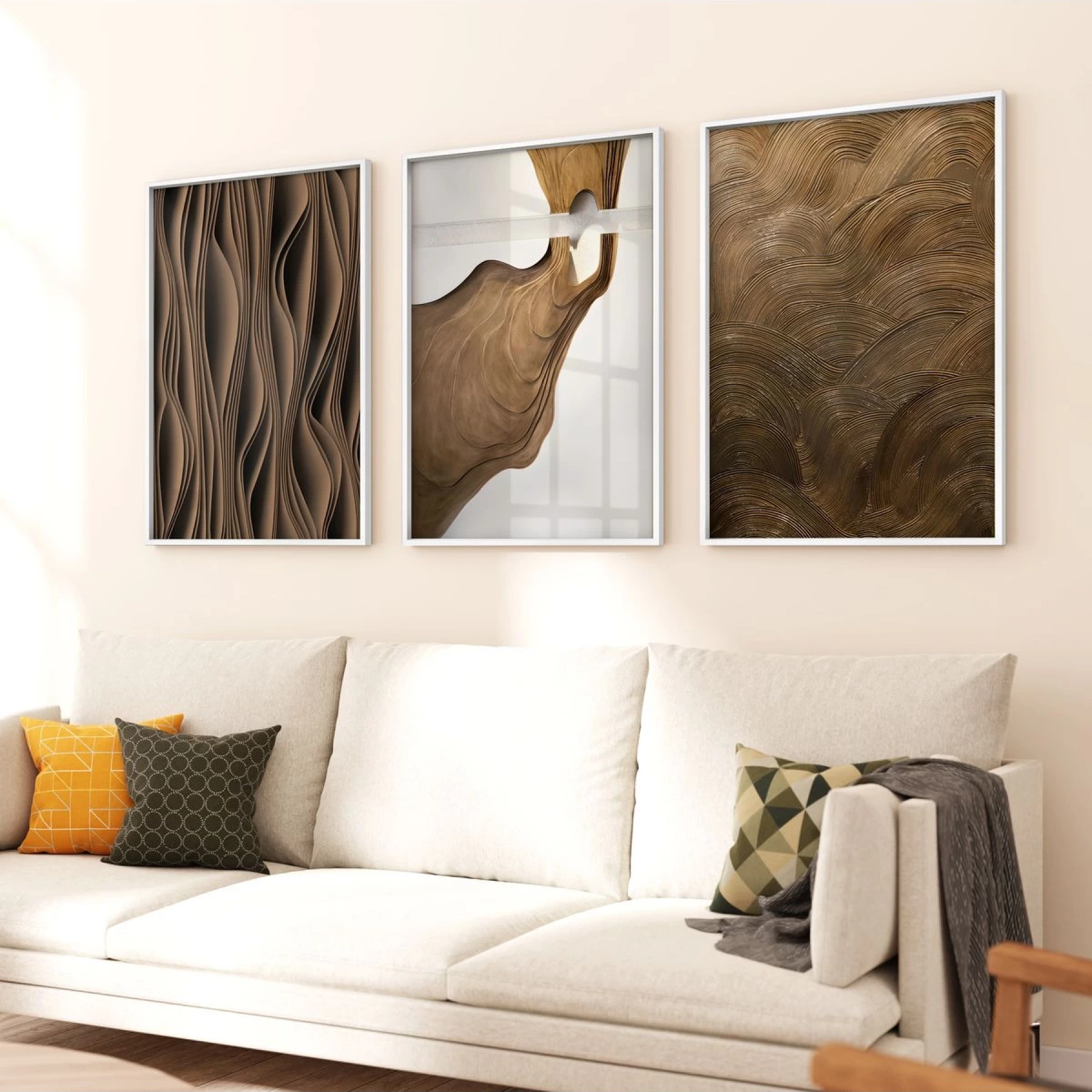 Dinamik Akış: Soyut Dalgalı Çizgiler Üçlü Metal Çerçeveli Tablo Seti /S