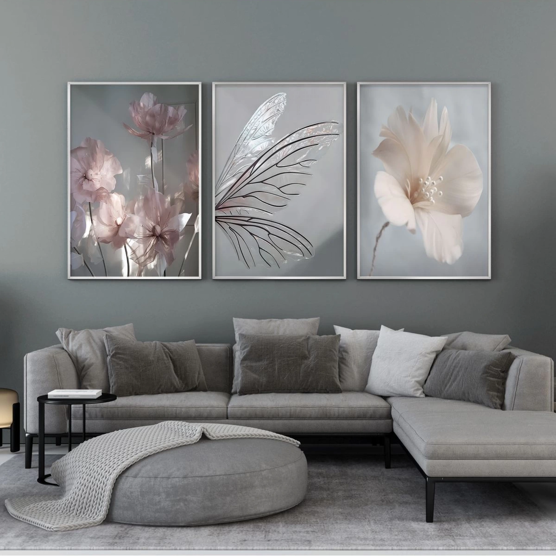 Doğanın Zarafeti: Çiçek ve Yaprak Motifleriyle Metal Çerçeveli Üçlü Tablo Seti