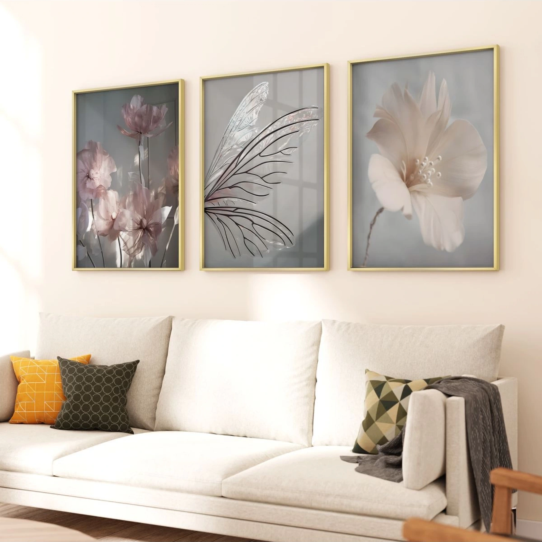 Doğanın Zarafeti: Çiçek ve Yaprak Motifleriyle Metal Çerçeveli Üçlü Tablo Seti