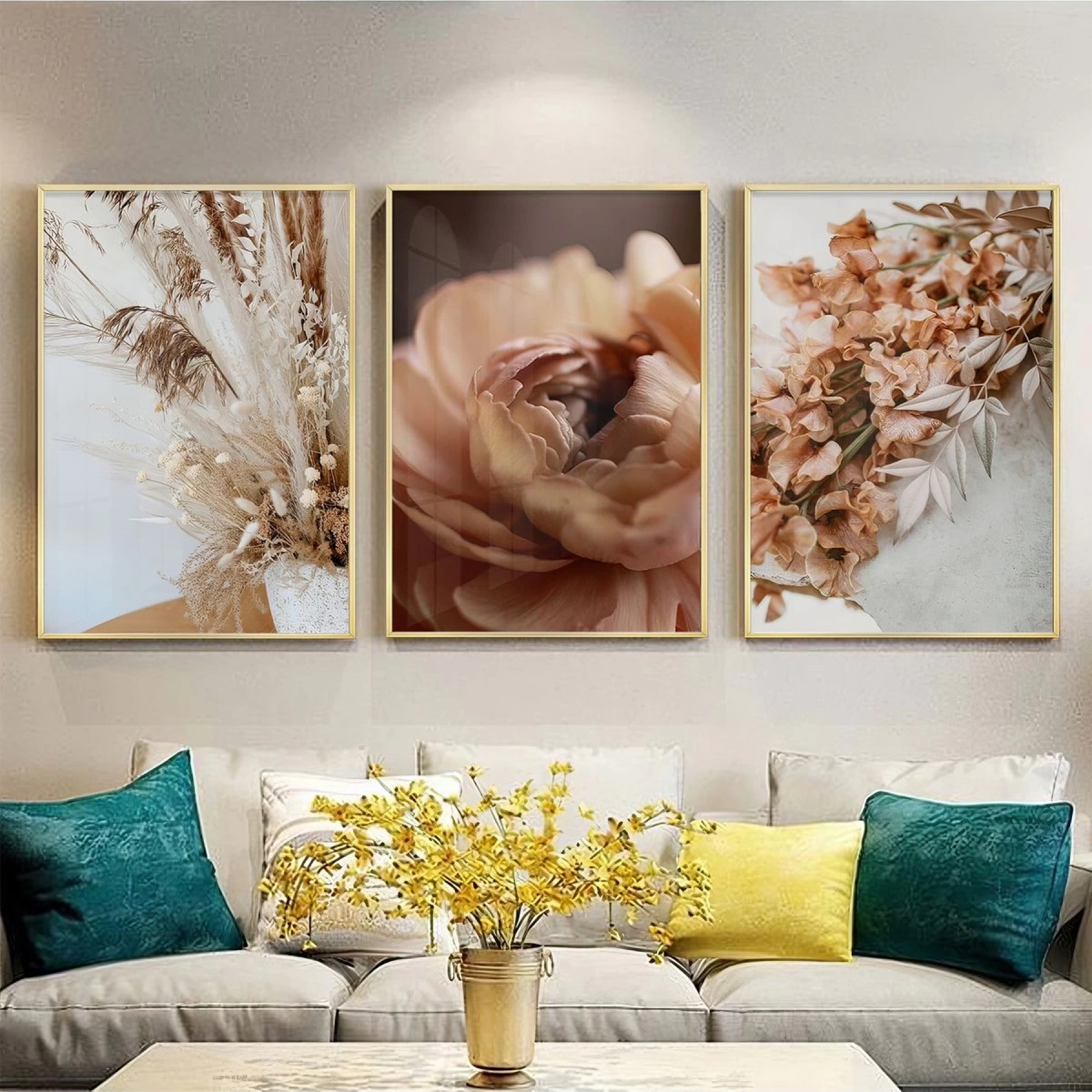 Pastel Bahar Esintisi Üçlü Metal Çerçeveli Tablo Seti